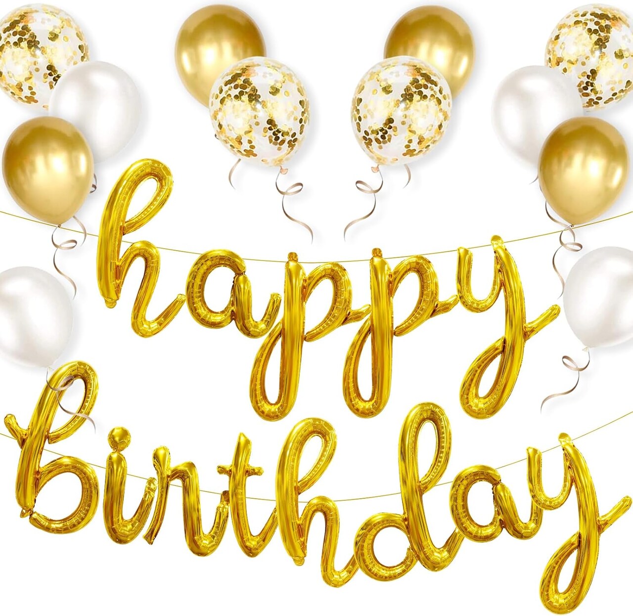 Gold Happy Birthday Balloon Set – 25PCS Cursive Foil & Latex Balloons with Ribbon and Confetti Balloons for Women, Men, Kids Birthday Party Decorations (Gold)